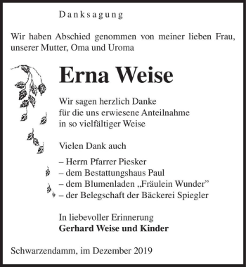 Traueranzeige von Erna Weise  von Magdeburger Volksstimme