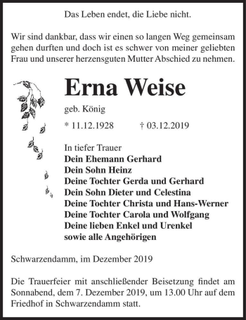 Traueranzeige von Erna Weise (geb. König)  von Magdeburger Volksstimme