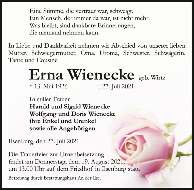  Traueranzeige für Erna Wienecke (geb. Wirtz)  vom 31.07.2021 aus Magdeburger Volksstimme