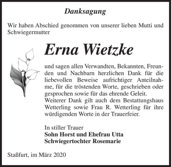 Traueranzeige von Erna Wietzke  von Magdeburger Volksstimme