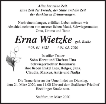 Traueranzeige von Erna Wietzke (geb. Rothe)  von Magdeburger Volksstimme