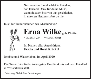 Traueranzeige von Erna Wilke (geb. Pfeiffer)  von Magdeburger Volksstimme