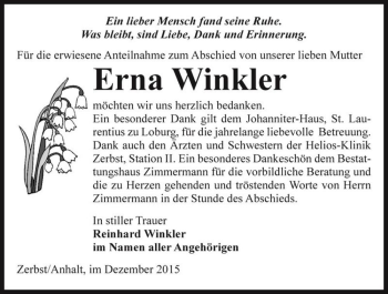 Traueranzeige von Erna Winkler  von Magdeburger Volksstimme