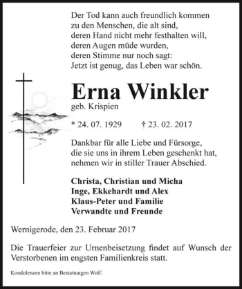 Traueranzeige von Erna Winkler (geb. Krispien)  von Magdeburger Volksstimme