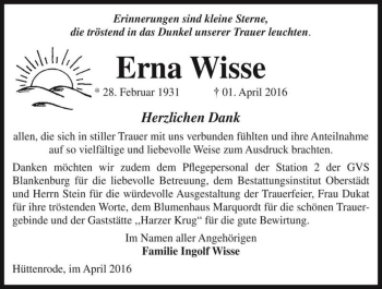 Traueranzeige von Erna Wisse  von Magdeburger Volksstimme