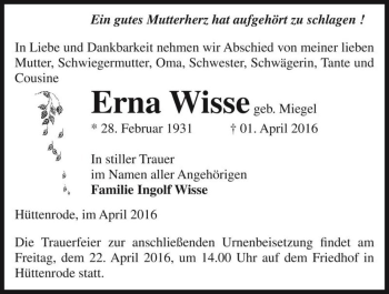 Traueranzeige von Erna Wisse (geb. Miegel)  von Magdeburger Volksstimme