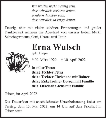 Traueranzeige von Erna Wulsch (geb. Liepe)  von Magdeburger Volksstimme
