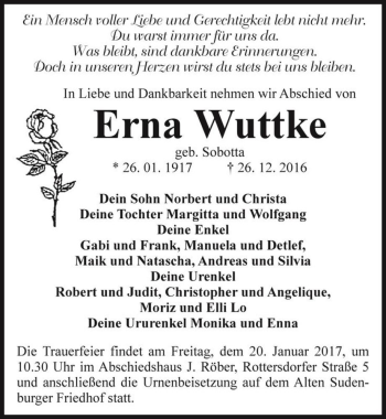 Traueranzeige von Erna Wuttke (geb. Sobotta)  von Magdeburger Volksstimme