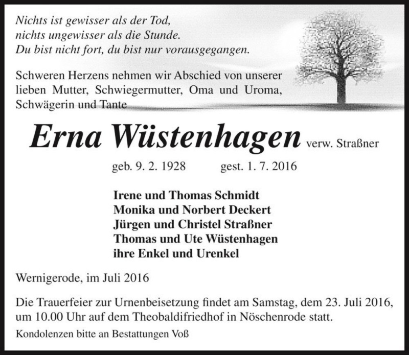  Traueranzeige für Erna Wüstenhagen (verw. Straßner)  vom 07.07.2016 aus Magdeburger Volksstimme