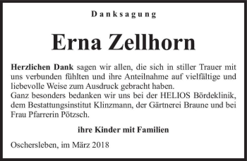 Traueranzeige von Erna Zellhorn  von Magdeburger Volksstimme