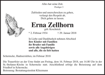 Traueranzeige von Erna Zellhorn (geb. Koschnick)  von Magdeburger Volksstimme