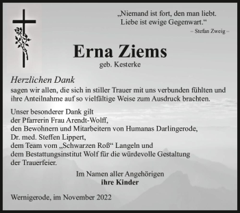 Traueranzeige von Erna Ziems (geb. Kesterke)  von Magdeburger Volksstimme