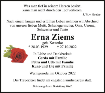 Traueranzeige von Erna Ziems (geb. Kesterke)  von Magdeburger Volksstimme