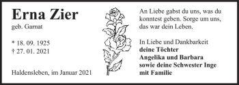 Traueranzeige von Erna Zier (geb. Garnat)  von Magdeburger Volksstimme
