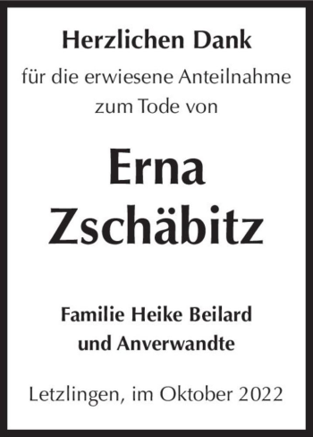 Traueranzeige von Erna Zschäbitz  von Magdeburger Volksstimme
