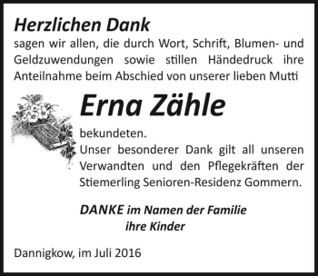 Traueranzeige von Erna Zähle  von Magdeburger Volksstimme