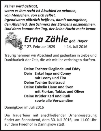 Traueranzeige von Erna Zähle (geb. Hoyer)  von Magdeburger Volksstimme