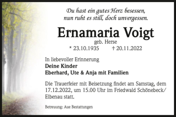 Traueranzeige von Ernamaria Voigt (geb. Herse)  von Magdeburger Volksstimme