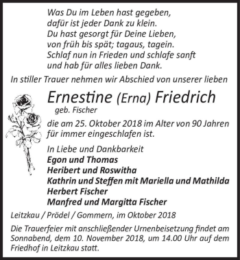 Traueranzeige von Ernestine (Erna) Friedrich (geb. Fischer)  von Magdeburger Volksstimme