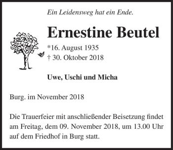Traueranzeige von Ernestine Beutel  von Magdeburger Volksstimme