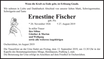 Traueranzeige von Ernestine Fischer (geb. Pix)  von Magdeburger Volksstimme