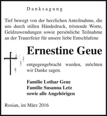 Traueranzeige von Ernestine Geue  von Magdeburger Volksstimme