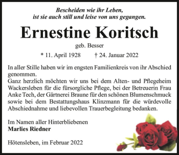 Traueranzeige von Ernestine Koritsch (geb. Besser)  von Magdeburger Volksstimme