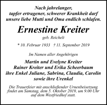 Traueranzeige von Ernestine Kreiter (geb. Reichelt)  von Magdeburger Volksstimme