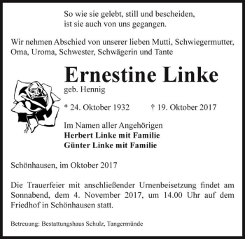 Traueranzeige von Ernestine Linke (geb. Hennig)  von Magdeburger Volksstimme