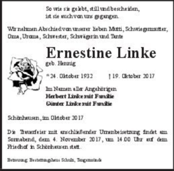 Traueranzeige von Ernestine Linke (geb. Hennig)  von Magdeburger Volksstimme