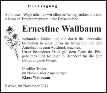 Traueranzeige von Ernestine Wallbaum  von Magdeburger Volksstimme