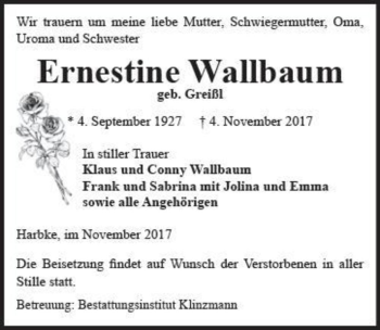 Traueranzeige von Ernestine Wallbaum (geb. Greißl)  von Magdeburger Volksstimme