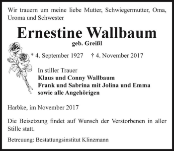 Traueranzeige von Ernestine Wallbaum (geb. Greißl)  von Magdeburger Volksstimme