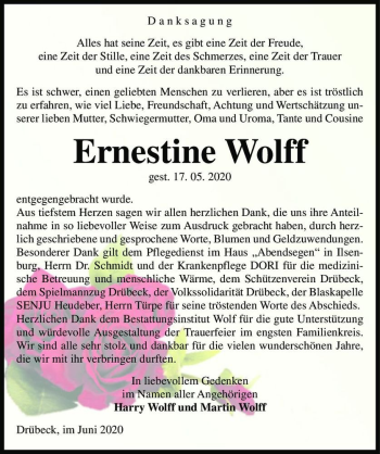 Traueranzeige von Ernestine Wolff  von Magdeburger Volksstimme
