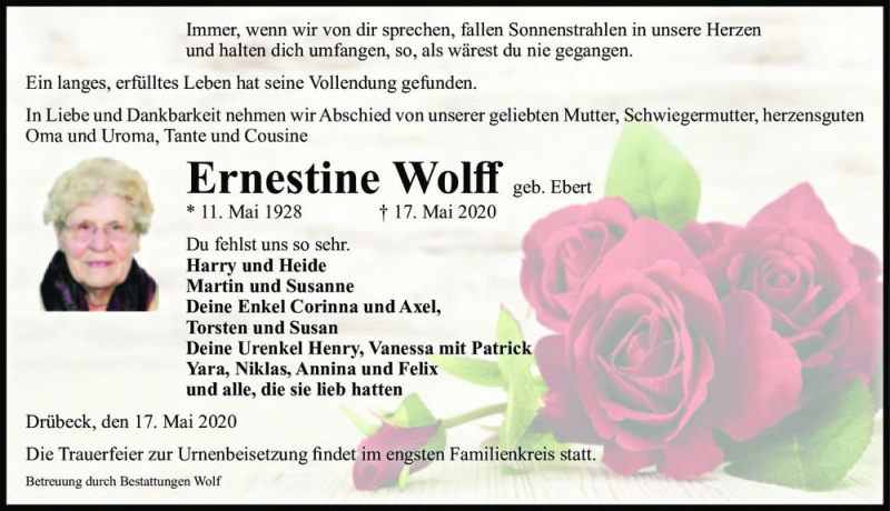  Traueranzeige für Ernestine Wolff (geb. Ebert)  vom 23.05.2020 aus Magdeburger Volksstimme