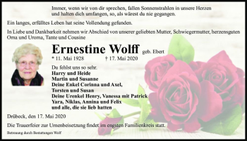 Traueranzeige von Ernestine Wolff (geb. Ebert)  von Magdeburger Volksstimme