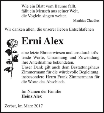Traueranzeige von Erni Alex  von Magdeburger Volksstimme