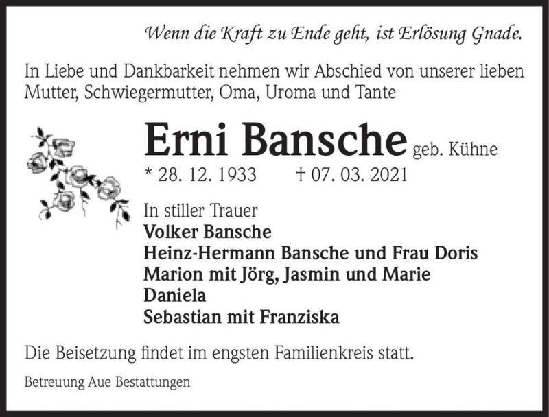  Traueranzeige für Erni Bansche (geb. Kühne)  vom 13.03.2021 aus Magdeburger Volksstimme