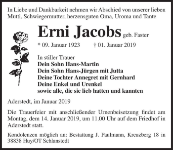 Traueranzeige von Erni Jacobs (geb. Faster)  von Magdeburger Volksstimme