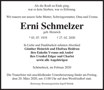 Traueranzeige von Erni Schmelzer (geb. Heinrich)  von Magdeburger Volksstimme