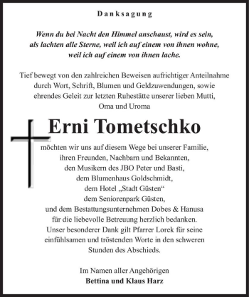 Traueranzeige von Erni Tometschko  von Magdeburger Volksstimme