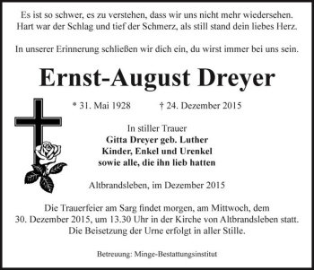 Traueranzeige von Ernst-August Dreyer  von Magdeburger Volksstimme