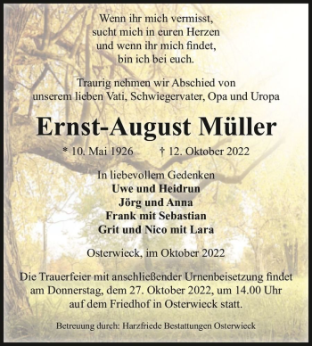 Traueranzeige von Ernst-August Müller  von Magdeburger Volksstimme