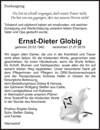 Traueranzeige von Ernst-Dieter Globig  von Magdeburger Volksstimme