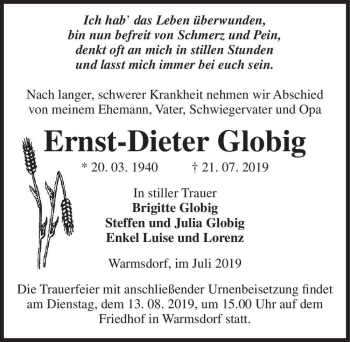 Traueranzeige von Ernst-Dieter Globig  von Magdeburger Volksstimme