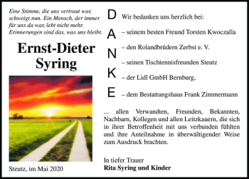 Traueranzeige von Ernst-Dieter Syring  von Magdeburger Volksstimme