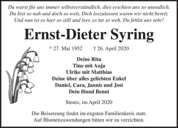 Traueranzeige von Ernst-Dieter Syring  von Magdeburger Volksstimme