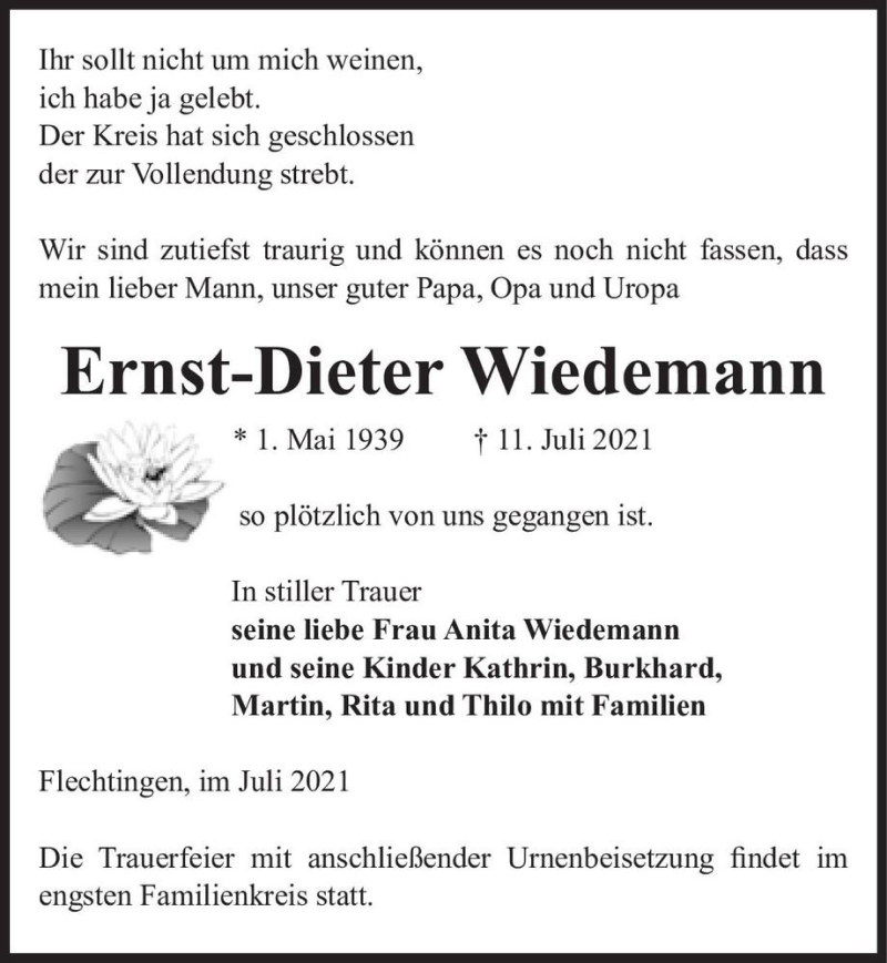  Traueranzeige für Ernst-Dieter Wiedemann  vom 17.07.2021 aus Magdeburger Volksstimme