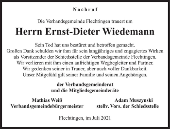 Traueranzeige von Ernst-Dieter Wiedemann  von Magdeburger Volksstimme