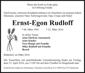 Traueranzeige von Ernst-Egon Rudloff  von Magdeburger Volksstimme